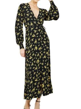 Ganni Black Gold Print Long Sleeve Wrap Maxi Dress